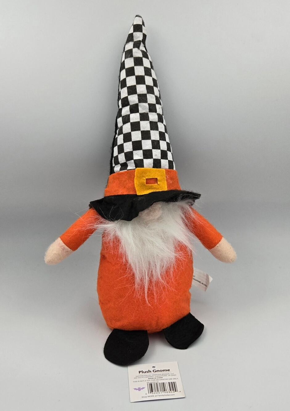 Fall Spooky Season Plush Gnome Table Sitter Orange & Black Checkerboard Hat